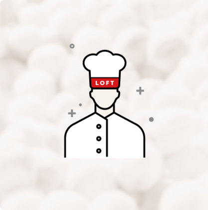 Illustration of a chef wearing a tall hat labeled &lsquo;LOFT&rsquo; and a buttoned uniform.